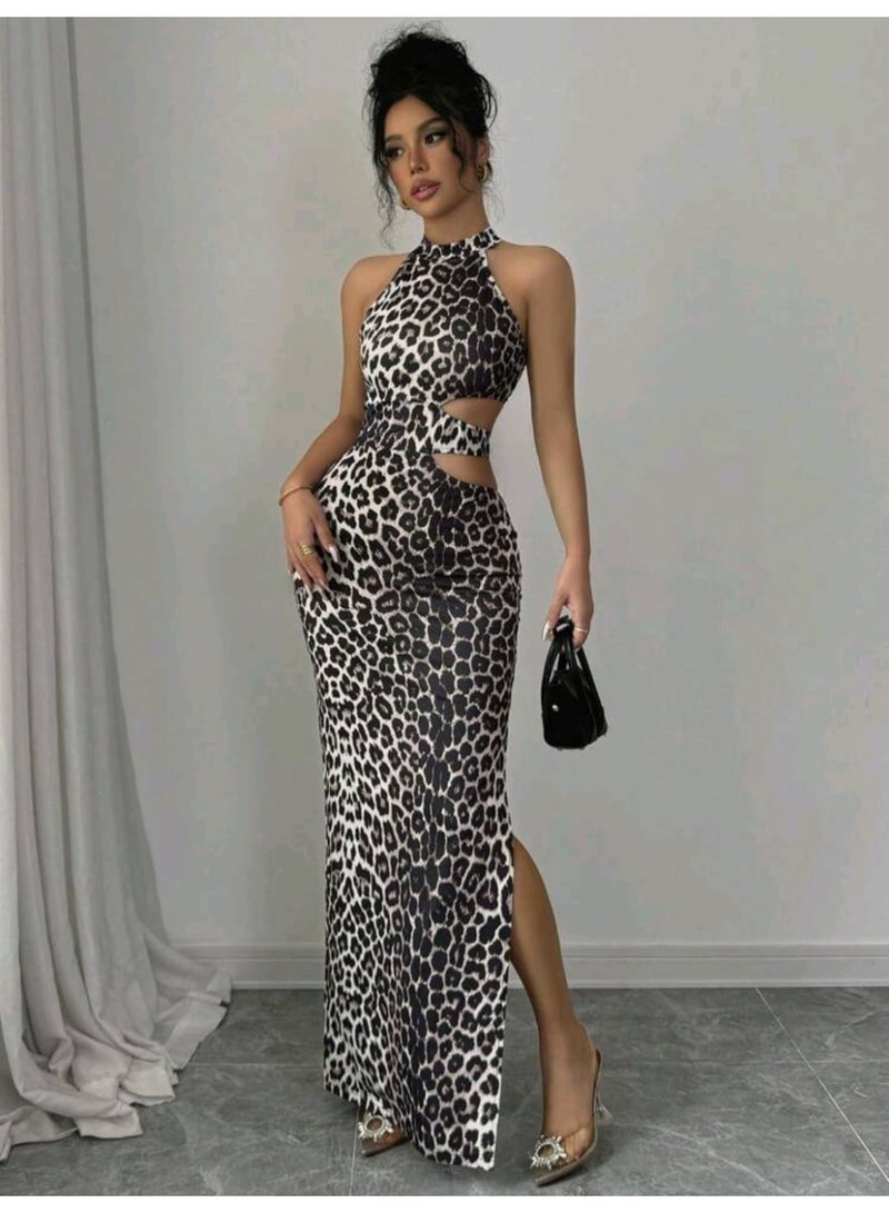 SHEIN Women Elegant Leopard Print Hollow Out Waist Dress Maxi Women Outfit - Image 3